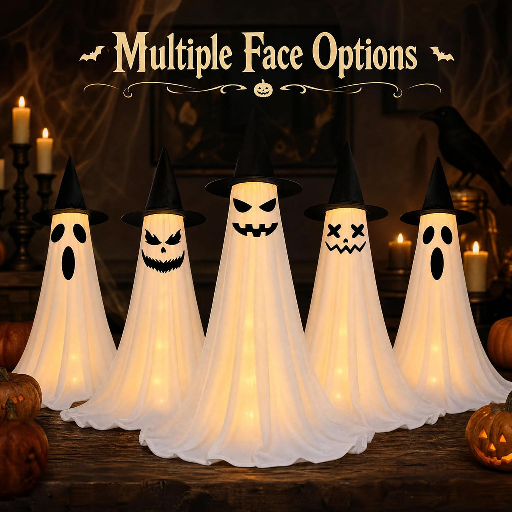 2‑Pack 63" Halloween Decorations for Outdoor with Remote Control | 8 Light Modes & Timer, 43‑63In Adjustable Height, 4 Sets DIY Ghost Faces, Windproof U‑Stakes, for Indoor, Yard, Lawn & Garden