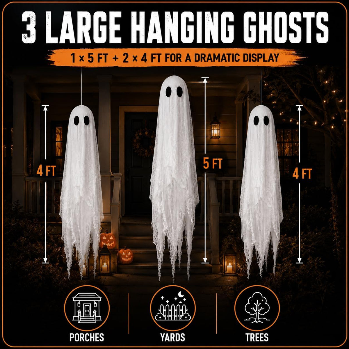 3 Packs Halloween Decorations Outdoor - Hanging Ghost Decor for Porch Yard | 5FT*1 & 4FT*2 LED Timed Light up Hanging Ghost Sets, Pre-Assembled Halloween Party Decor for Tree, Remote Control Easy Setup