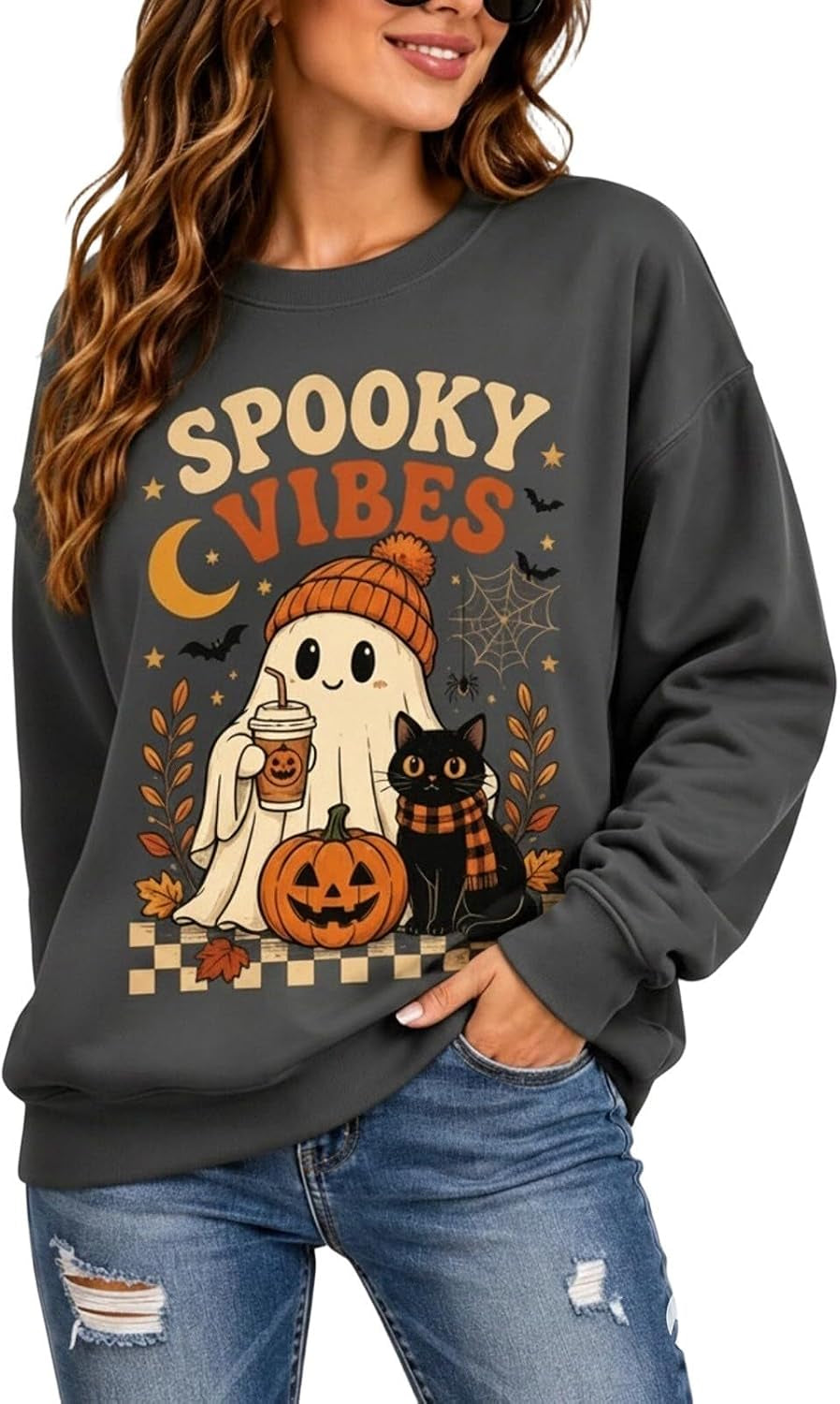 Womens Halloween Sweatshirt,Ghost Pumpkin Graphic Sweatshirt Spooky Season Sweaters Fall Crewneck Pullover for Women