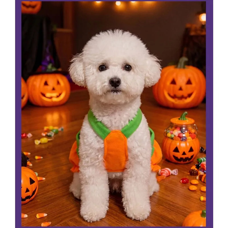 New Adjustable Washable Halloween Pumpkin Overall Dress Funny Costume for Small Dogs and Cats, Scary Trick-Or-Treat Pet Outfit