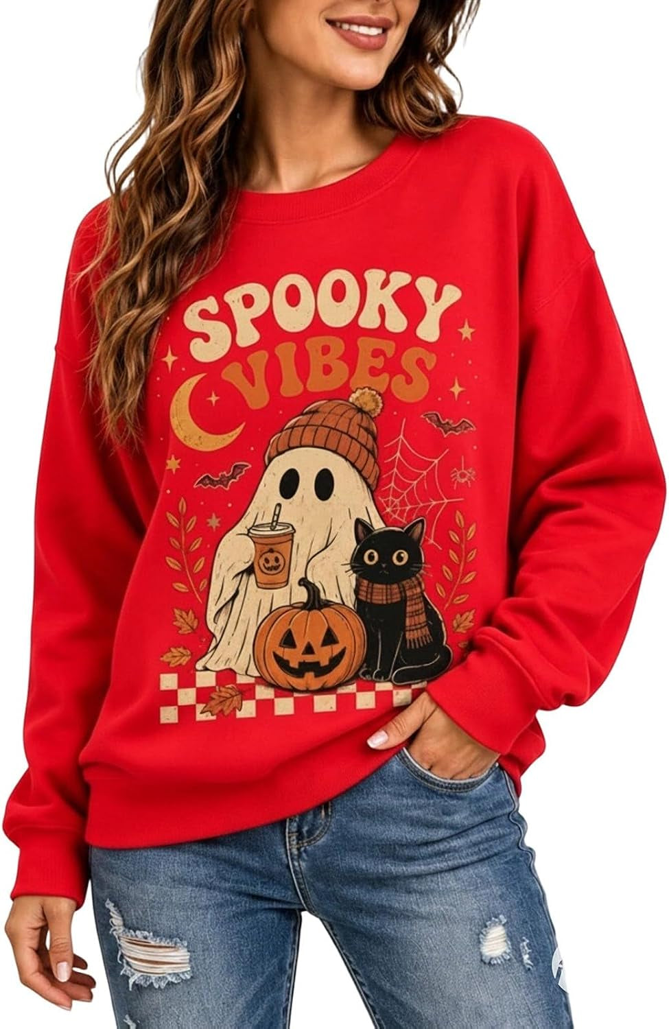 Womens Halloween Sweatshirt,Ghost Pumpkin Graphic Sweatshirt Spooky Season Sweaters Fall Crewneck Pullover for Women