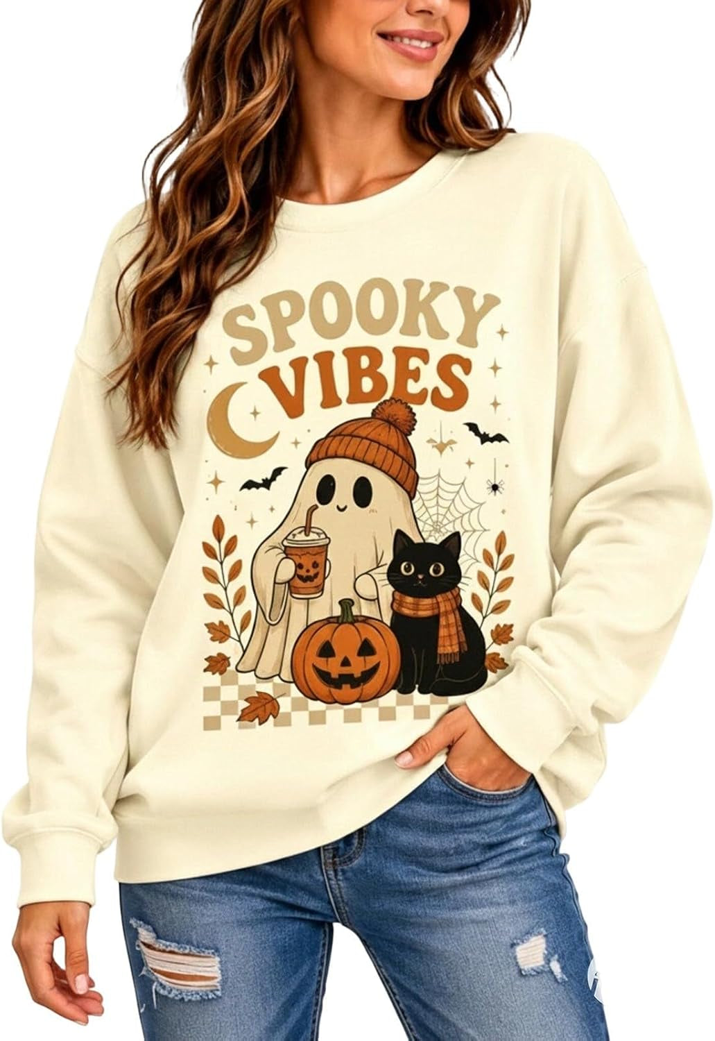 Womens Halloween Sweatshirt,Ghost Pumpkin Graphic Sweatshirt Spooky Season Sweaters Fall Crewneck Pullover for Women