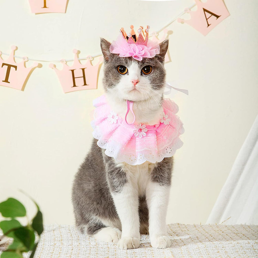 Cat Princess Costumes Cat Crown Hat & Lace Bandana Scarf Set, Puppy Party Hat for Small Dogs & Cats, Lace Outfit for Cats and Small Dogs Birthday Party (Pink)