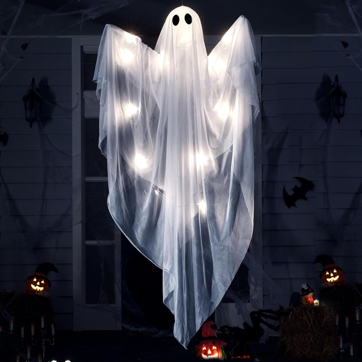 Halloween Hanging Light up Ghost, 47" White Ghosts with Green LED Light and Timer Halloween Hanging Decoration Waterproof for Front Yard Patio Lawngarden Party Decor Indoor Outdoor