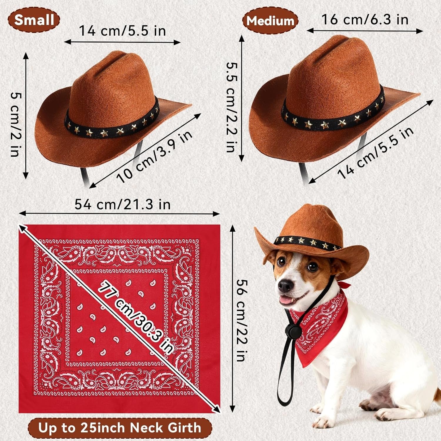 Pet Cowboy Costume, Dog Cowboy Hat with Bandana Scarf, Adjustable Cat Cowboy Hat for Party Cosplay Christmas, Halloween Cowboy Costumes for Small Pet Dogs Cats (Khaki, Small)
