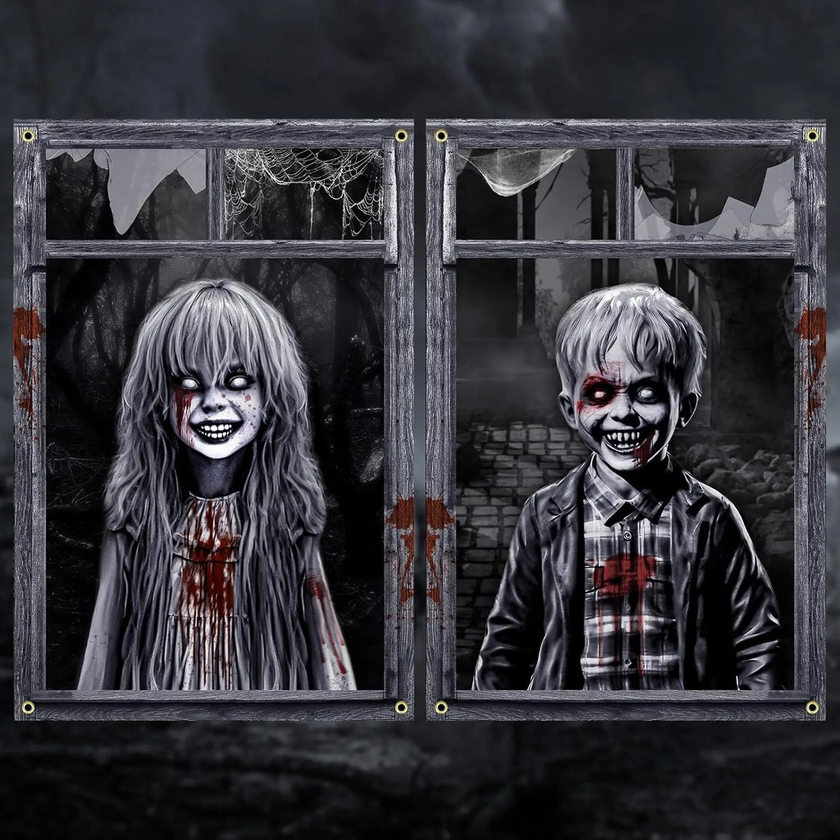 2 PCS Scary Curtain for Halloween Party Decorations Oxford Fabric Window Cover Horror Girl Boy Ghost Poster Backcloth Home Decor
