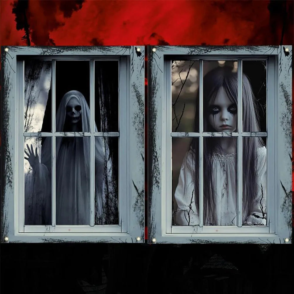 2 PCS Scary Curtain for Halloween Party Decorations Oxford Fabric Window Cover Horror Girl Boy Ghost Poster Backcloth Home Decor
