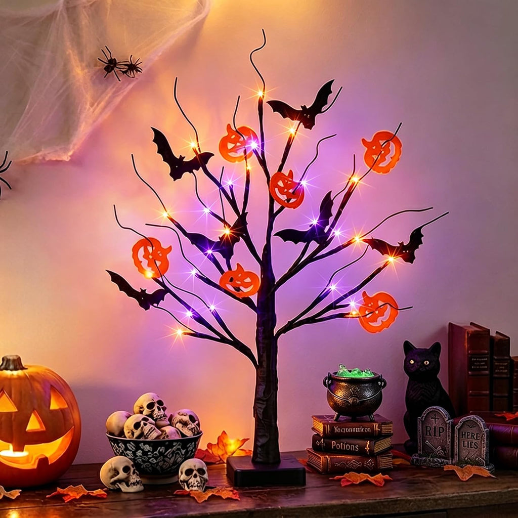 Halloween Decorations, Halloween Tree Lights, Lighted Black Tree | Halloween Decorations Indoor, Spooky Tree with 24 Orange Purple Lights & Timer, 22" Table Centerpiece Battery for Home Decor