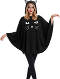 Black Cat Costume for Women, Glow in the Dark Halloween Poncho Hooded Cloak for Cosplay Themed Party
