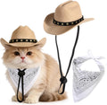 Pet Cowboy Costume, Dog Cowboy Hat with Bandana Scarf, Adjustable Cat Cowboy Hat for Party Cosplay Christmas, Halloween Cowboy Costumes for Small Pet Dogs Cats (Khaki, Small)