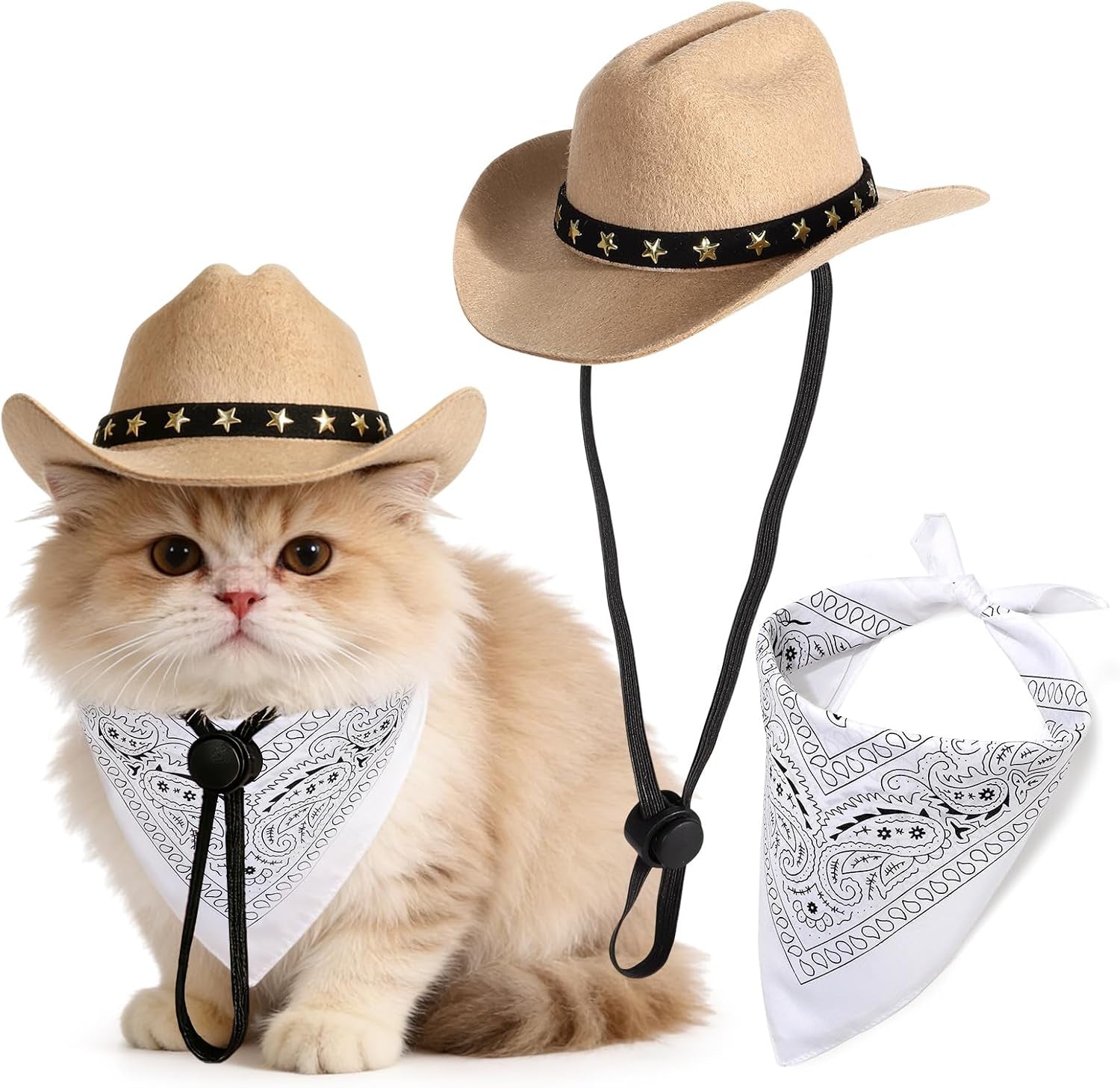 Pet Cowboy Costume, Dog Cowboy Hat with Bandana Scarf, Adjustable Cat Cowboy Hat for Party Cosplay Christmas, Halloween Cowboy Costumes for Small Pet Dogs Cats (Khaki, Small)