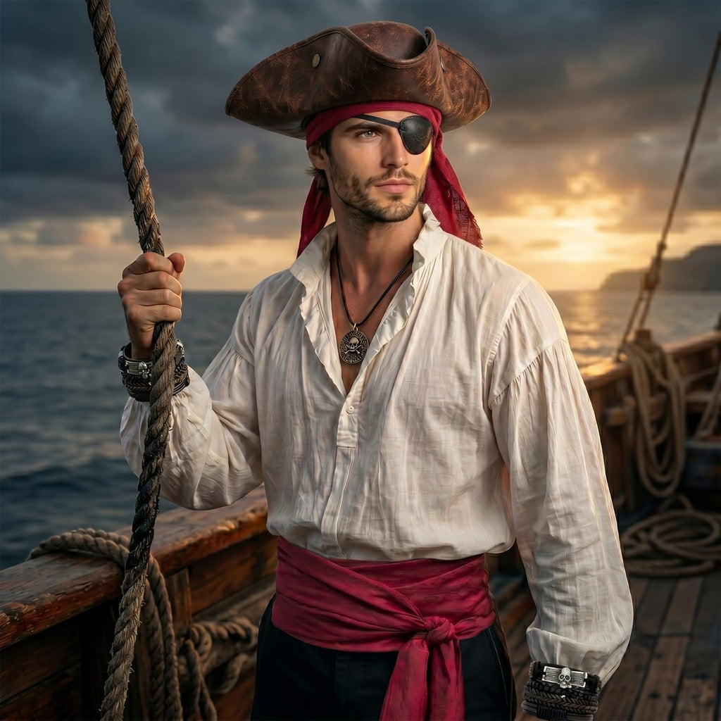 6-Piece Pirate Accessories Costume Set for Adults, Realistic Tricorn Hat | with Red Bandana, Waist Sash, Eye Patch, Skull Bracelets & Necklace, Mens Captain Buccaneer Party Outfit