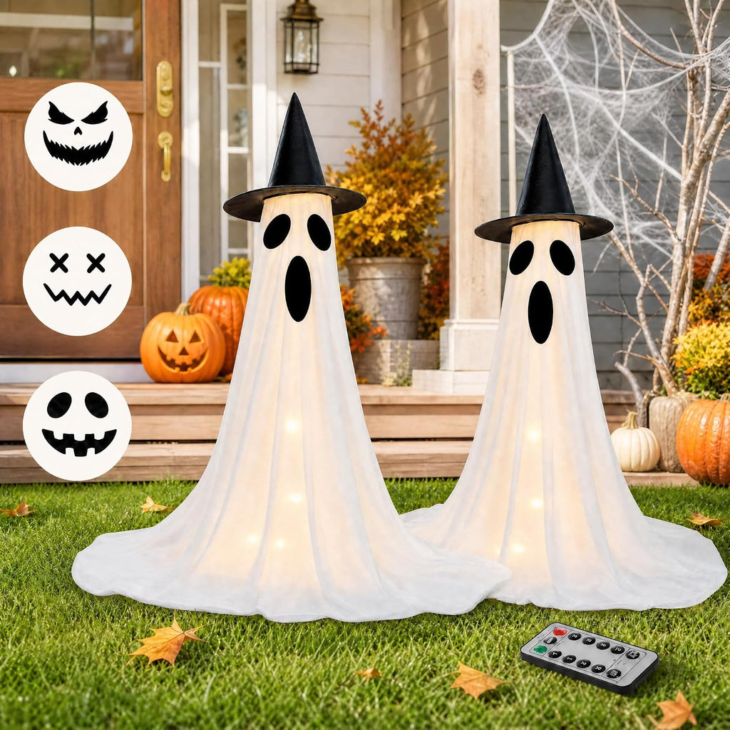 2‑Pack 63" Halloween Decorations for Outdoor with Remote Control | 8 Light Modes & Timer, 43‑63In Adjustable Height, 4 Sets DIY Ghost Faces, Windproof U‑Stakes, for Indoor, Yard, Lawn & Garden