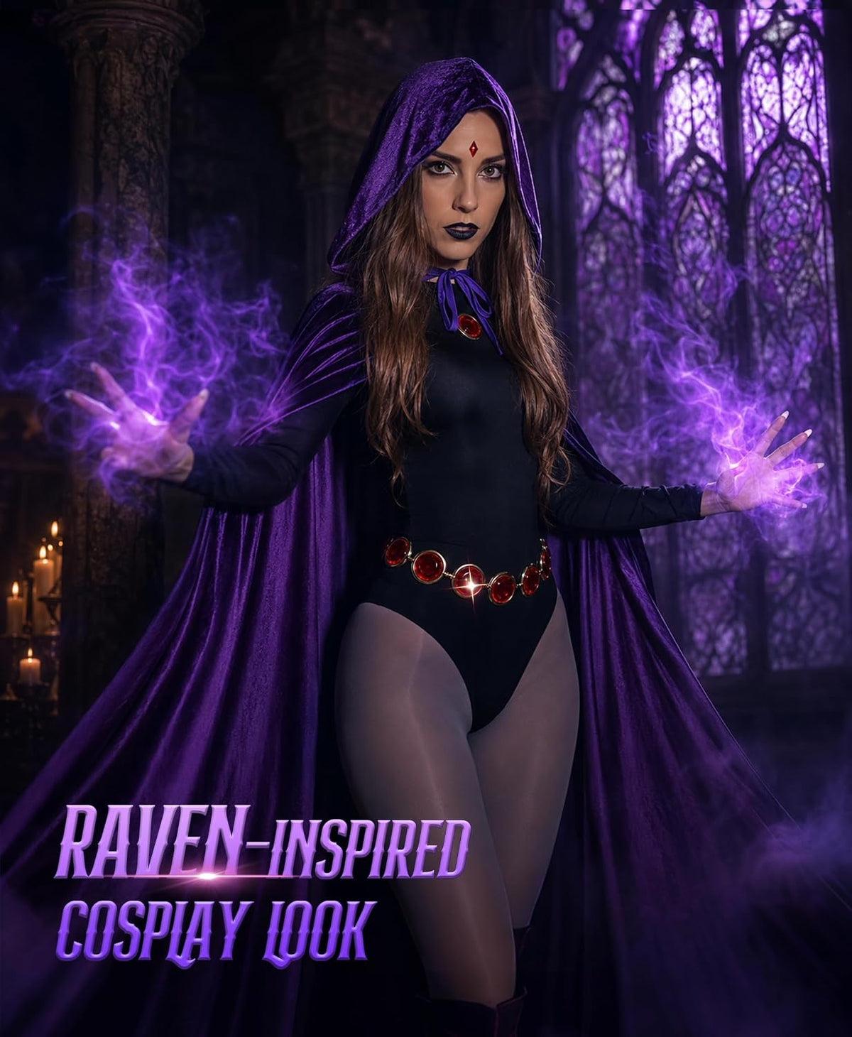 Raven Costume for Women, 6 Pcs Raven Cosplay Costume Set with Purple Hooded Cloak Bodysuit Gray Tights Halloween Party Outfit
