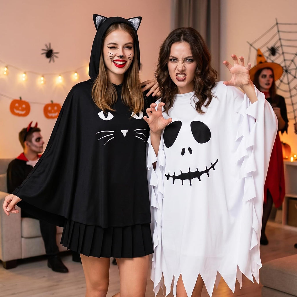 Black Cat Costume for Women, Glow in the Dark Halloween Poncho Hooded Cloak for Cosplay Themed Party