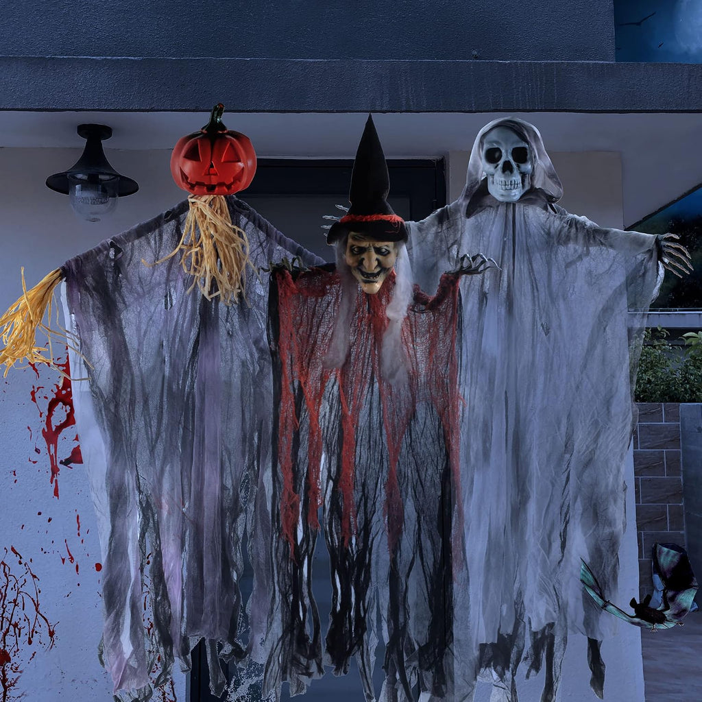 3 Pack 35” Hanging Ghosts Witch Pumpkin Decor Hanging Halloween Decorations Outdoor Halloween Decor, Scary Flying Witch Grim Reapers Haunted House Front Porch Decor Yard Garden Lawn Party