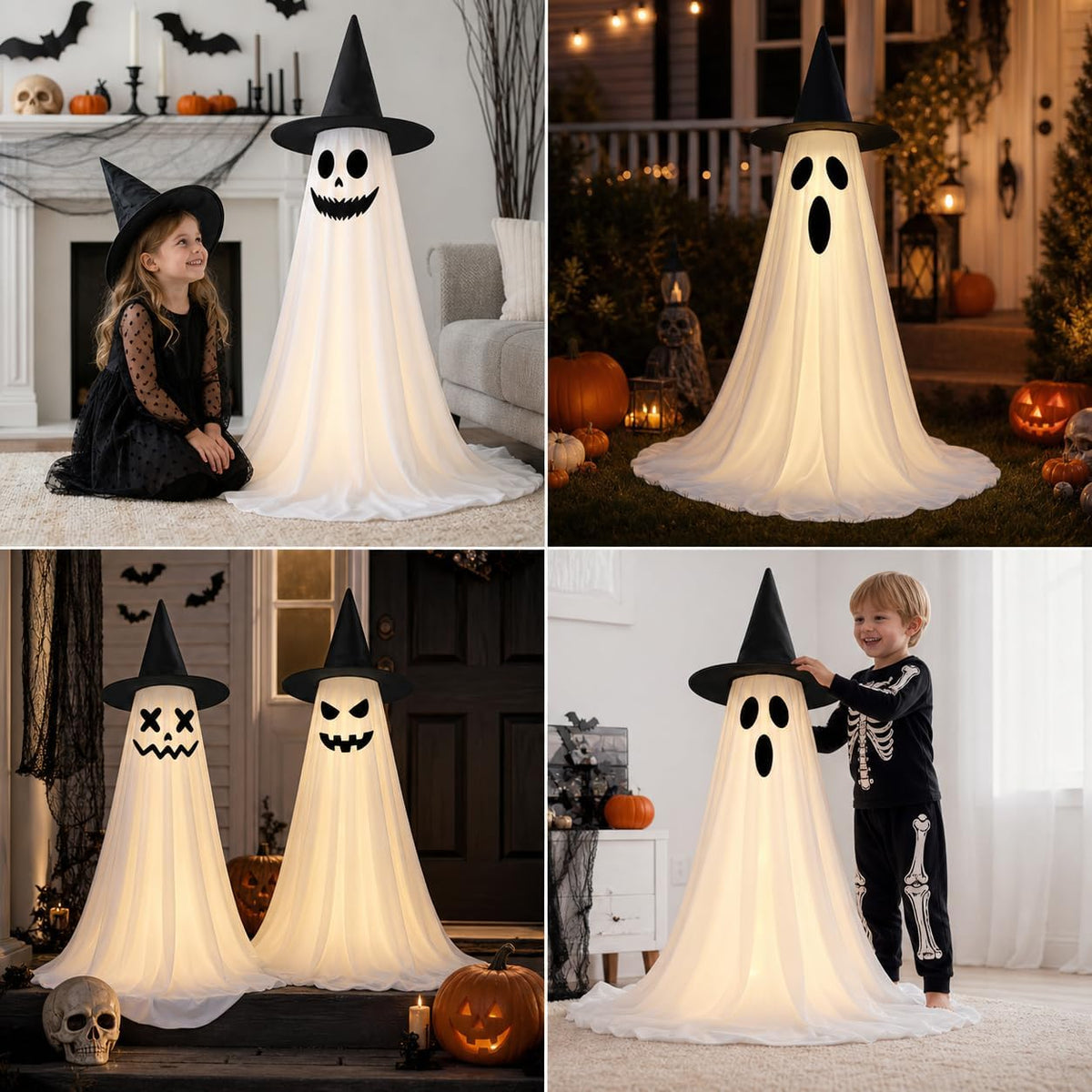 2‑Pack 63" Halloween Decorations for Outdoor with Remote Control | 8 Light Modes & Timer, 43‑63In Adjustable Height, 4 Sets DIY Ghost Faces, Windproof U‑Stakes, for Indoor, Yard, Lawn & Garden