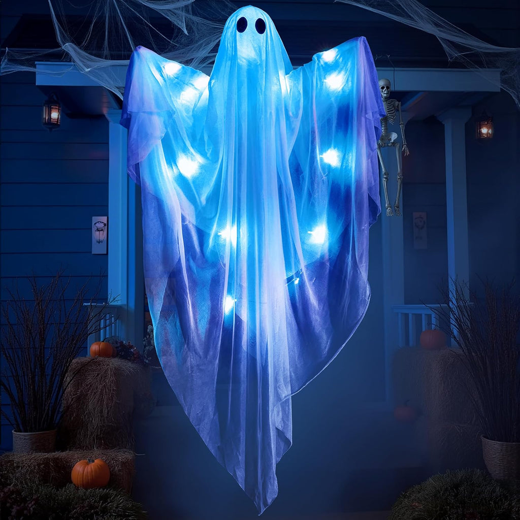 Halloween Hanging Light up Ghost, 47” White Ghosts with Blue LED Light and Timer Halloween Hanging Decoration Waterproof for Front Yard Patio Lawn Garden Party Decor Indoor Outdoor
